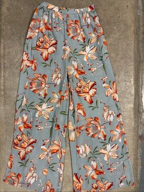 Dazz Wide Leg Floral Pants in Light Blue/ Sage with Orange Bloom